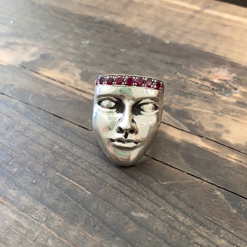 Face Mask 925 Silver Garnet Ring Goth Punk